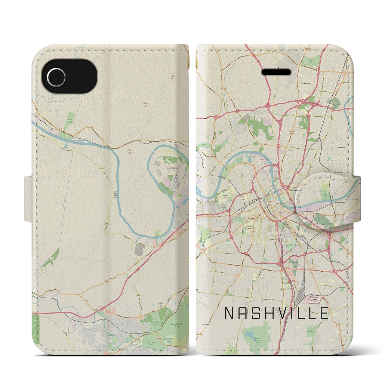 【ナッシュビル(アメリカ)】地図柄iPhoneケース(手帳タイプ)ナチュラル・iPhone SE(第3 / 第2世代) / 8 / 7 / 6s / 6 用