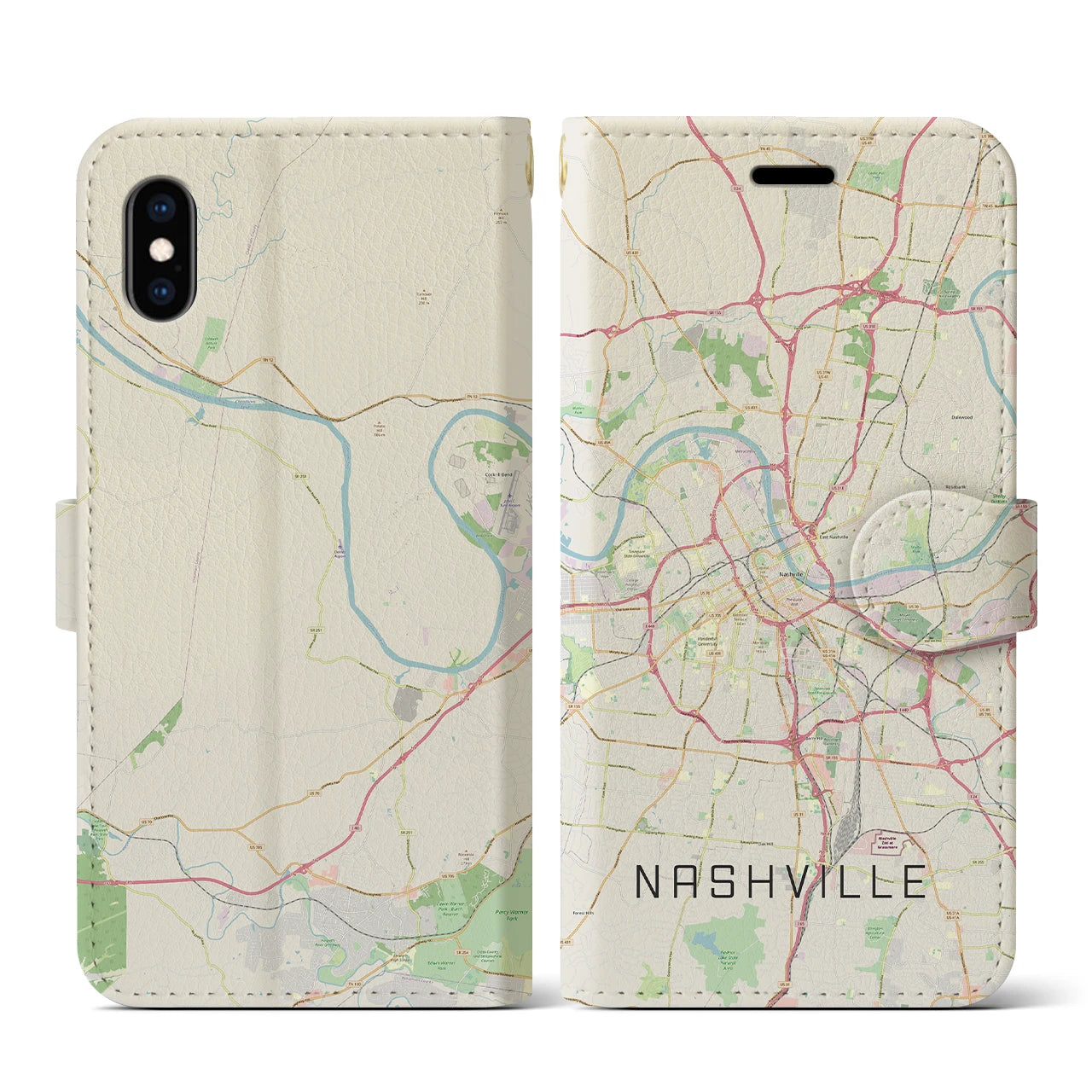 【ナッシュビル(アメリカ)】地図柄iPhoneケース(手帳タイプ)ナチュラル・iPhone XS / X 用