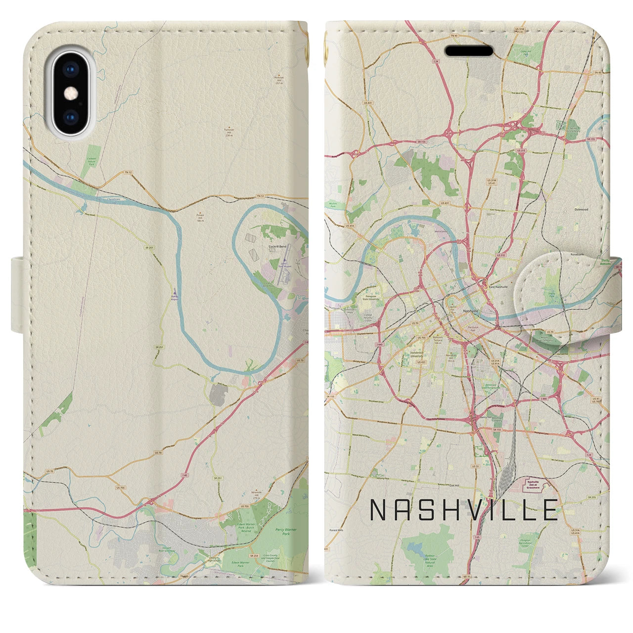 【ナッシュビル(アメリカ)】地図柄iPhoneケース(手帳タイプ)ナチュラル・iPhone XS Max 用