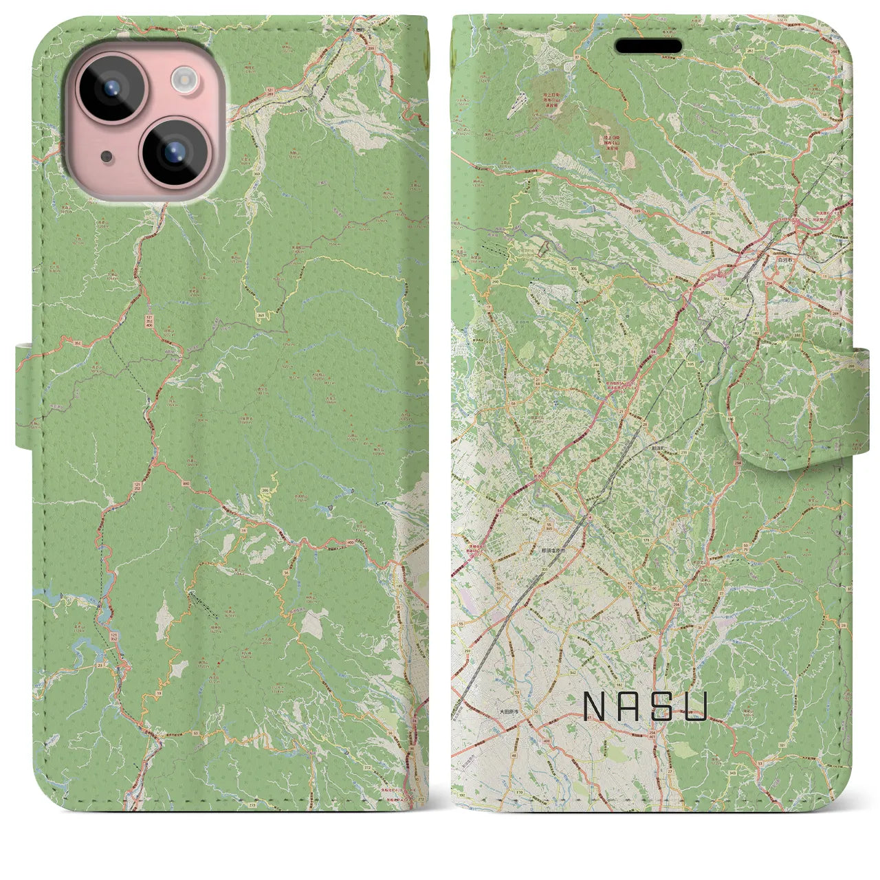 【那須(栃木県)】地図柄iPhoneケース(手帳タイプ)ナチュラル・iPhone 15 Plus 用