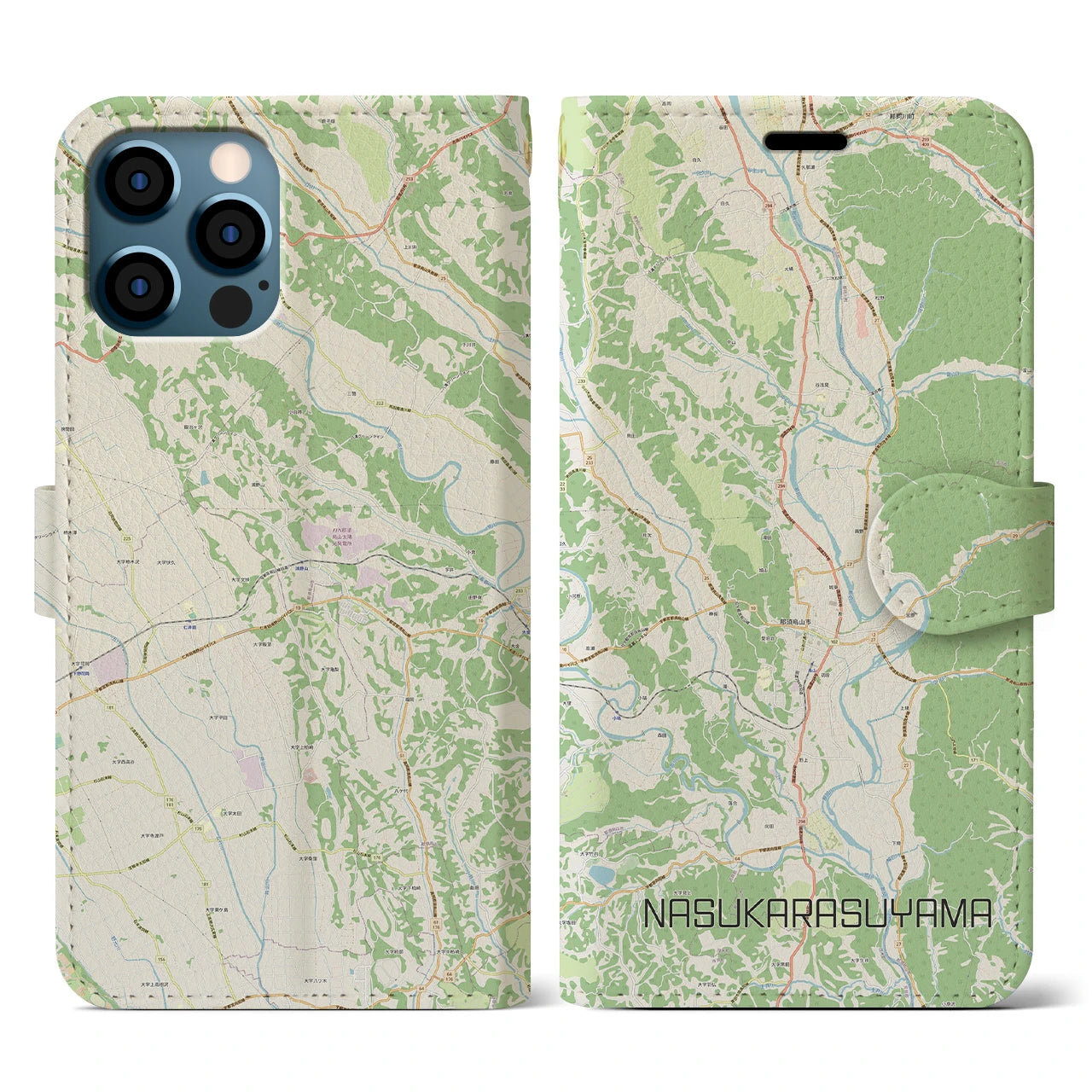 【那須烏山(栃木県)】地図柄iPhoneケース(手帳タイプ)ナチュラル・iPhone 12 / 12 Pro 用