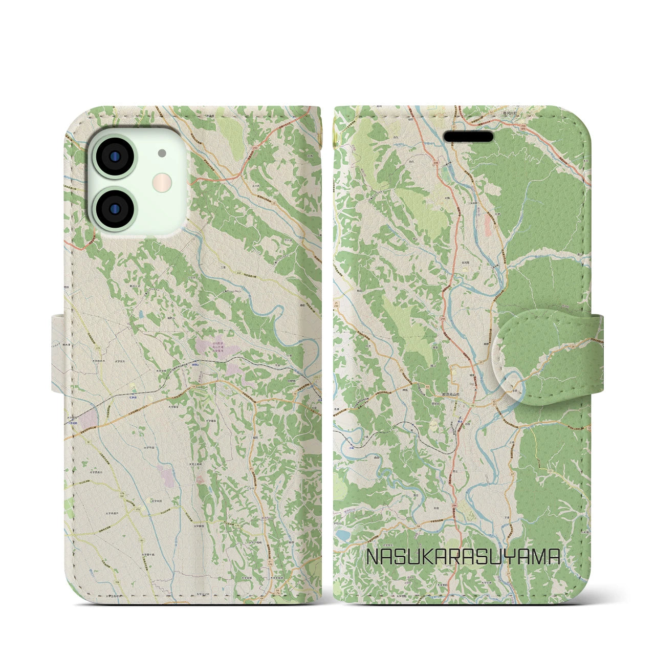 【那須烏山(栃木県)】地図柄iPhoneケース(手帳タイプ)ナチュラル・iPhone 12 mini 用
