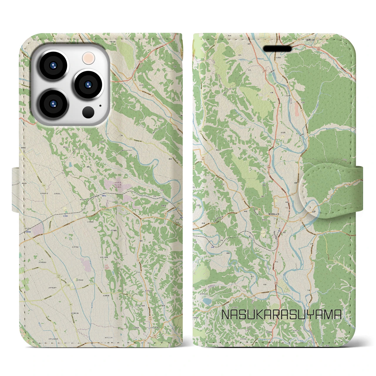 【那須烏山(栃木県)】地図柄iPhoneケース(手帳タイプ)ナチュラル・iPhone 13 Pro 用