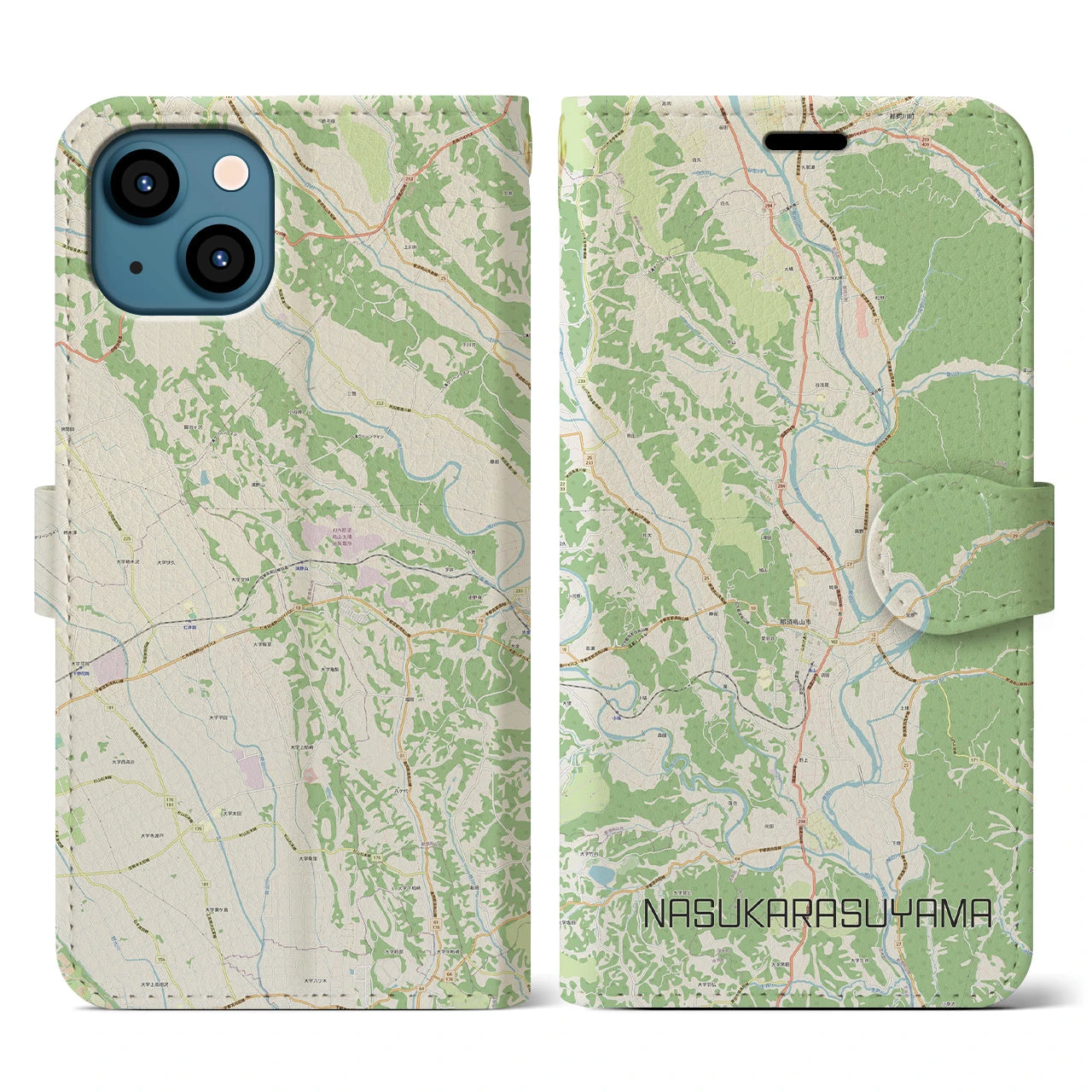 【那須烏山(栃木県)】地図柄iPhoneケース(手帳タイプ)ナチュラル・iPhone 13 用