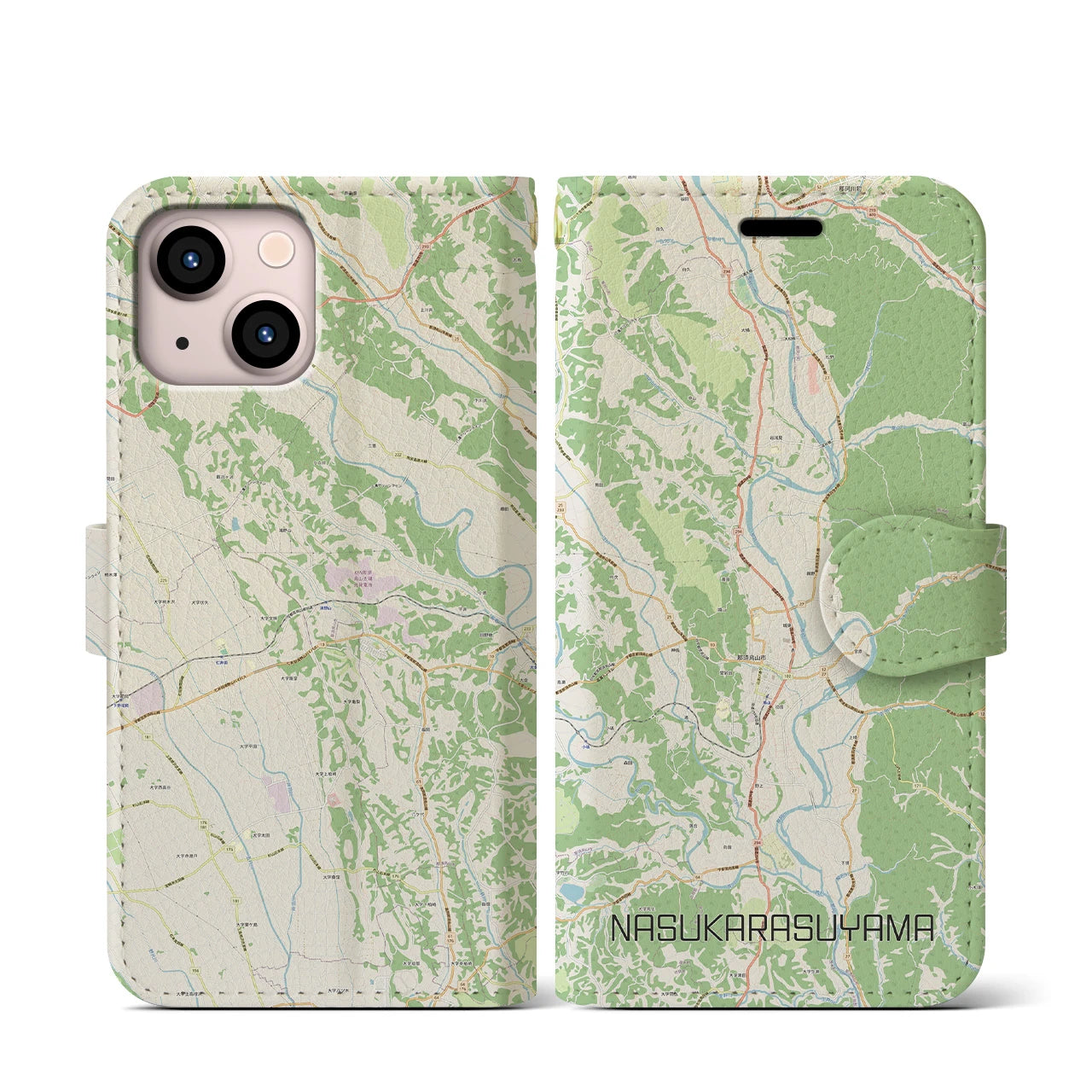 【那須烏山(栃木県)】地図柄iPhoneケース(手帳タイプ)ナチュラル・iPhone 13 mini 用