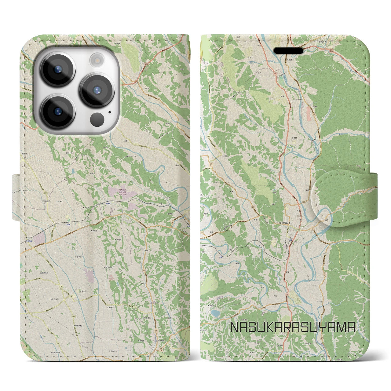 【那須烏山(栃木県)】地図柄iPhoneケース(手帳タイプ)ナチュラル・iPhone 14 Pro 用