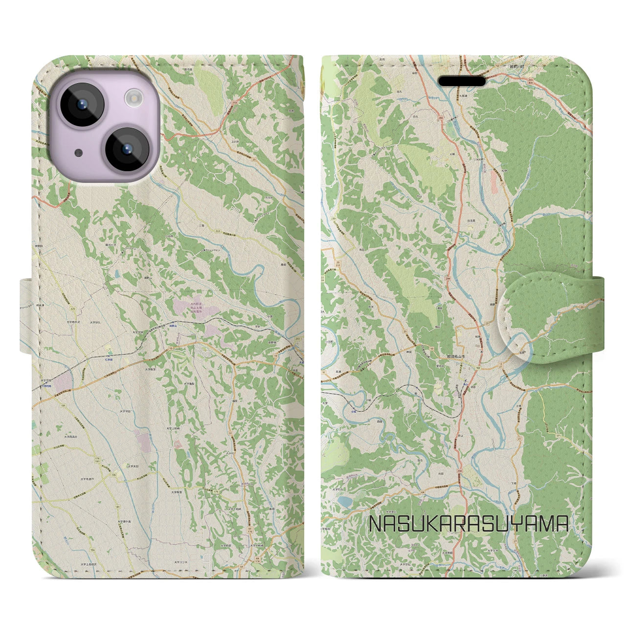【那須烏山(栃木県)】地図柄iPhoneケース(手帳タイプ)ナチュラル・iPhone 14 用
