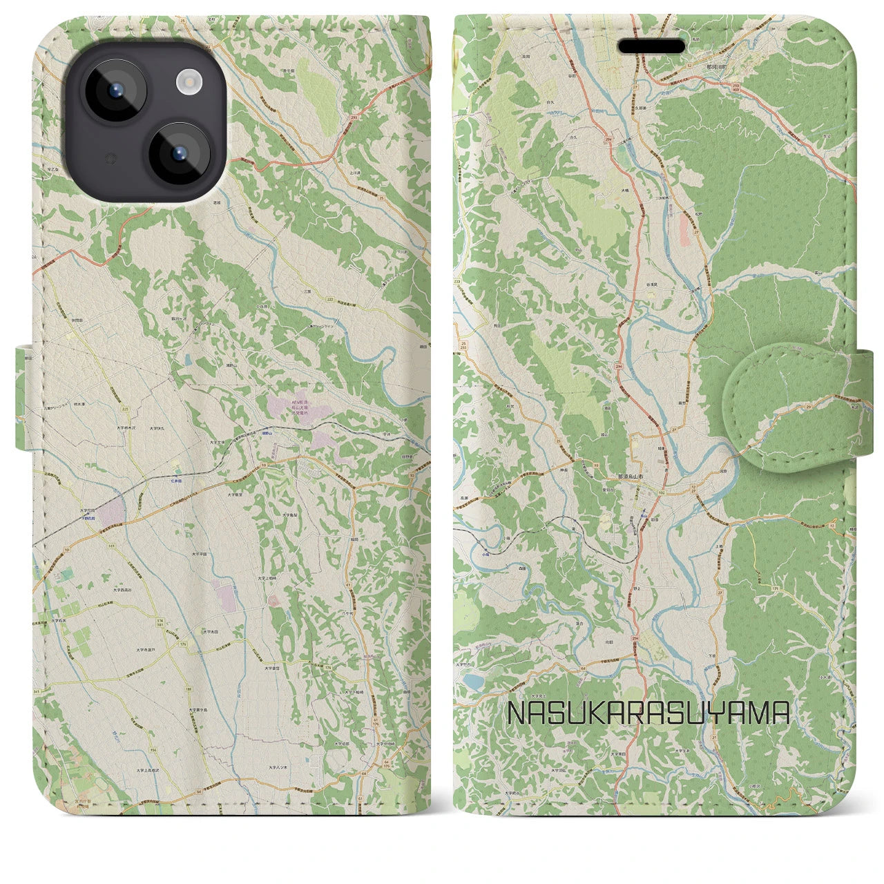 【那須烏山(栃木県)】地図柄iPhoneケース(手帳タイプ)ナチュラル・iPhone 14 Plus 用