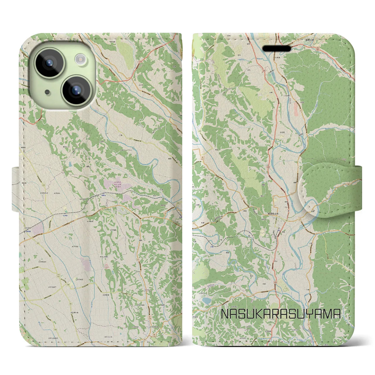 【那須烏山(栃木県)】地図柄iPhoneケース(手帳タイプ)ナチュラル・iPhone 15 用