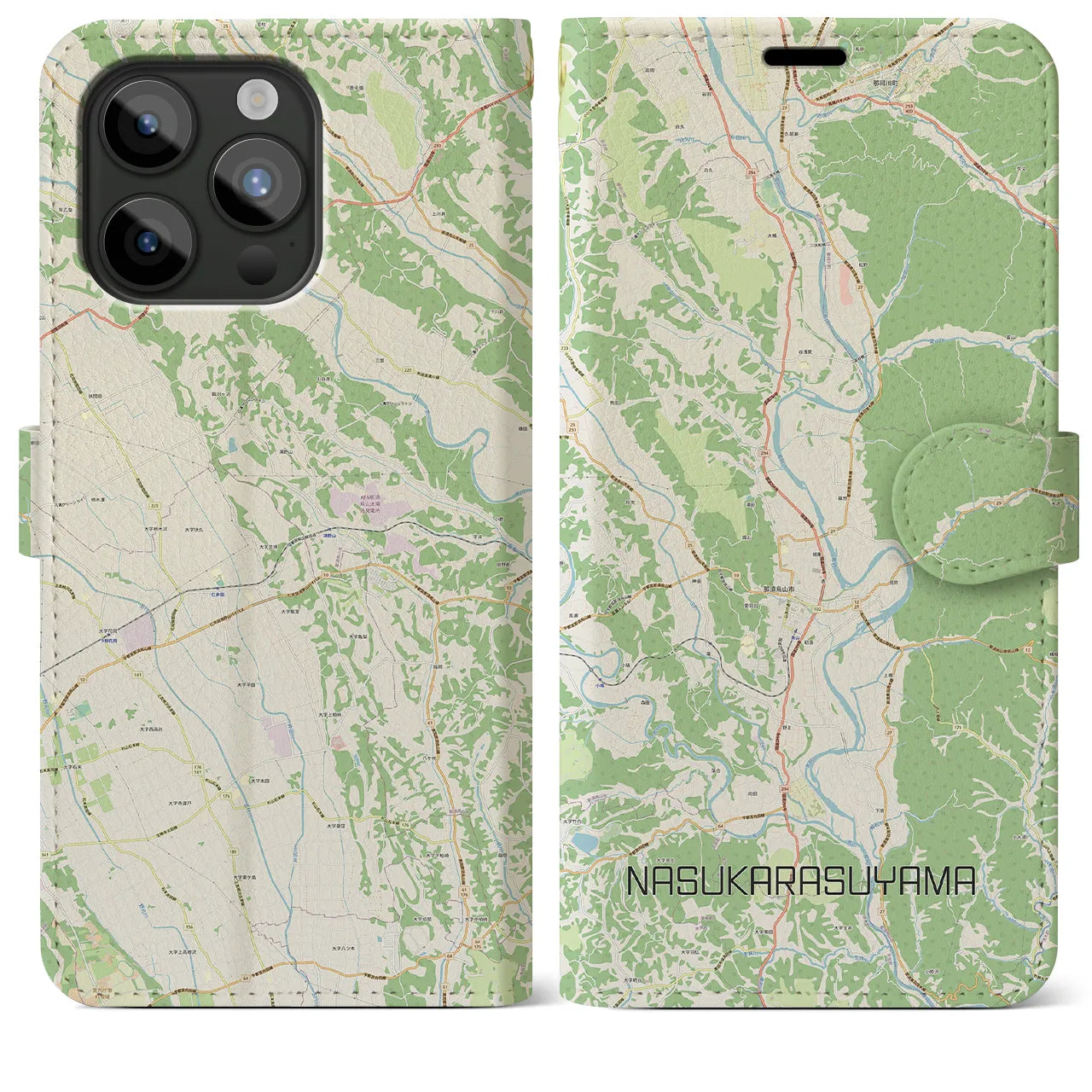 【那須烏山(栃木県)】地図柄iPhoneケース(手帳タイプ)ナチュラル・iPhone 15 Pro Max 用