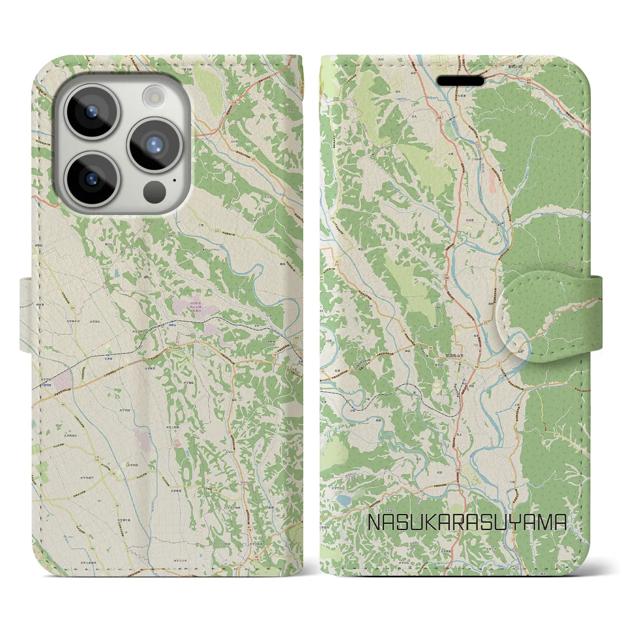 【那須烏山(栃木県)】地図柄iPhoneケース(手帳タイプ)ナチュラル・iPhone 15 Pro 用