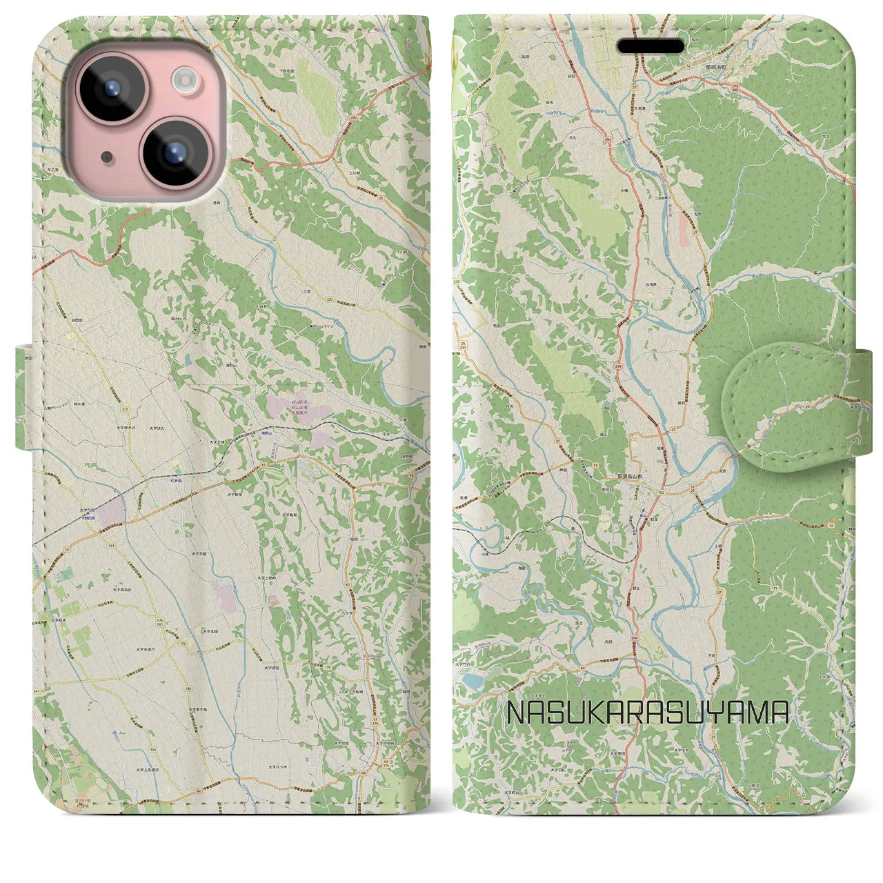 【那須烏山(栃木県)】地図柄iPhoneケース(手帳タイプ)ナチュラル・iPhone 15 Plus 用
