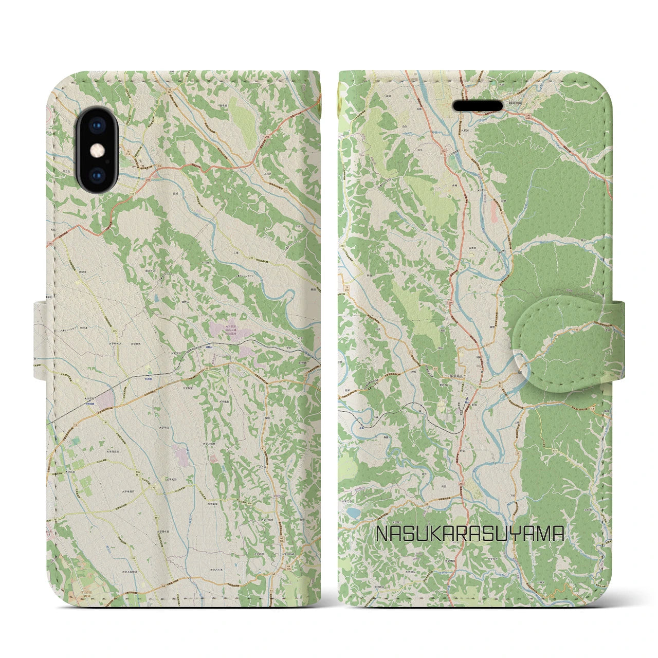 【那須烏山(栃木県)】地図柄iPhoneケース(手帳タイプ)ナチュラル・iPhone XS / X 用