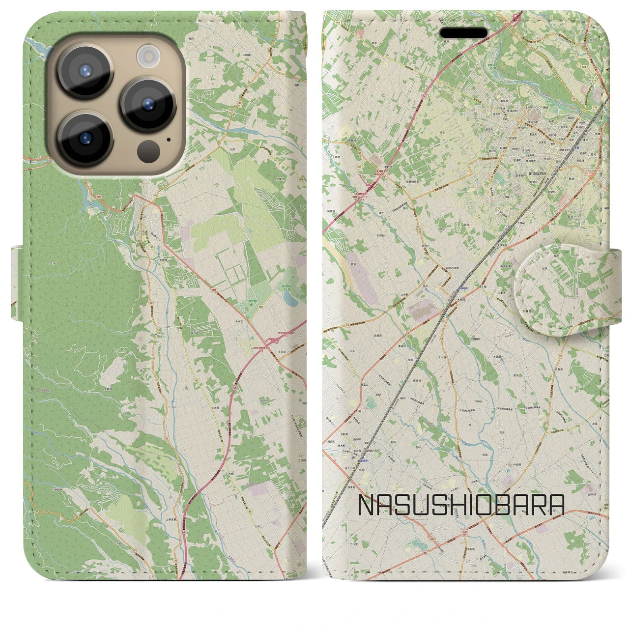 【那須塩原(栃木県)】地図柄iPhoneケース(手帳タイプ)ナチュラル・iPhone 14 Pro Max 用