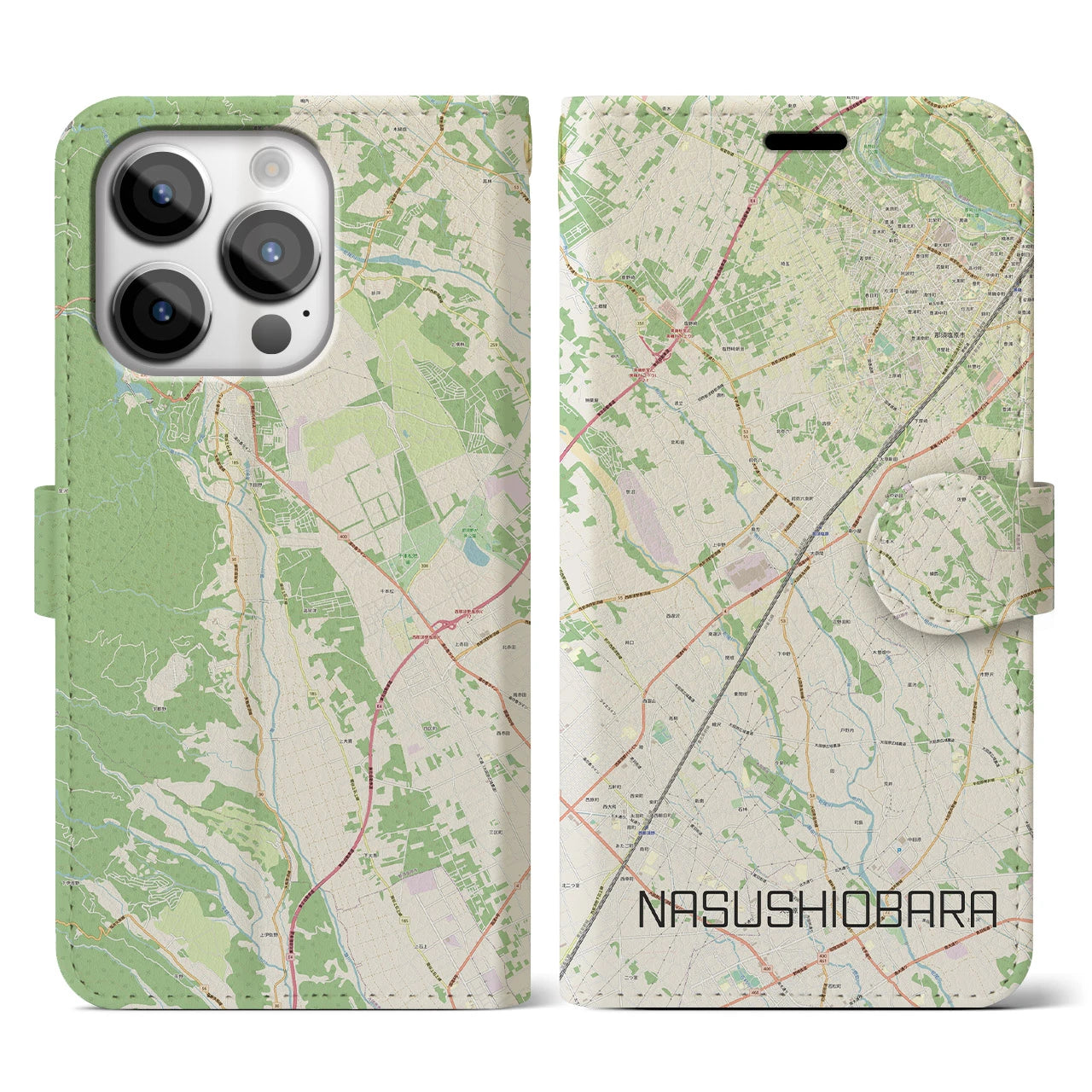 【那須塩原(栃木県)】地図柄iPhoneケース(手帳タイプ)ナチュラル・iPhone 14 Pro 用