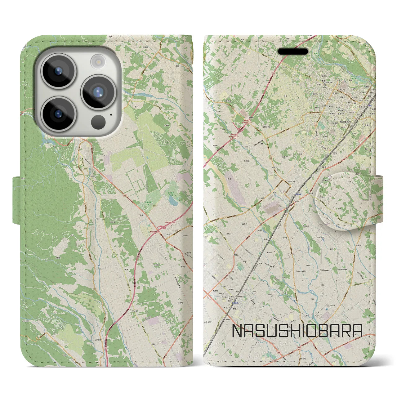 【那須塩原(栃木県)】地図柄iPhoneケース(手帳タイプ)ナチュラル・iPhone 15 Pro 用