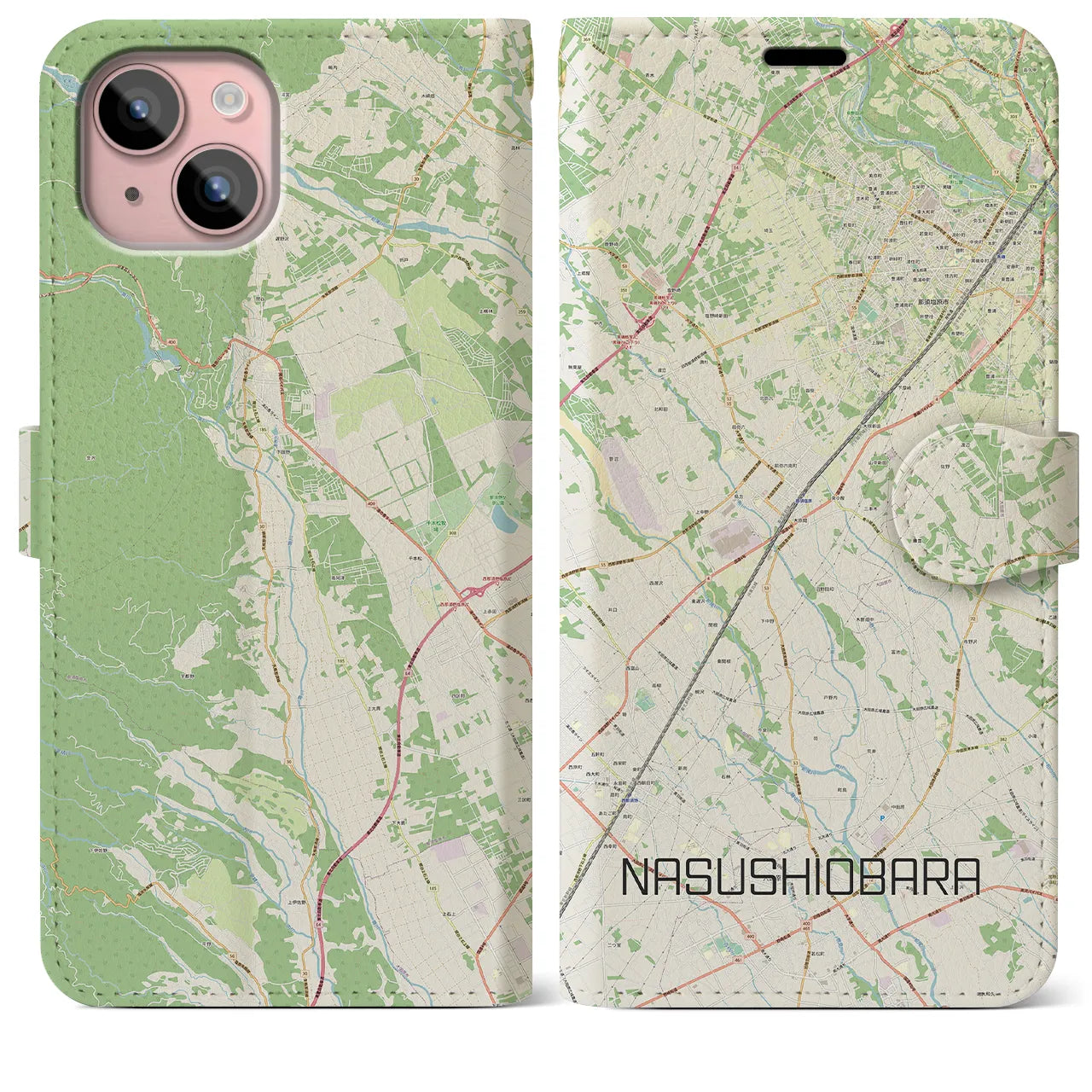 【那須塩原(栃木県)】地図柄iPhoneケース(手帳タイプ)ナチュラル・iPhone 15 Plus 用
