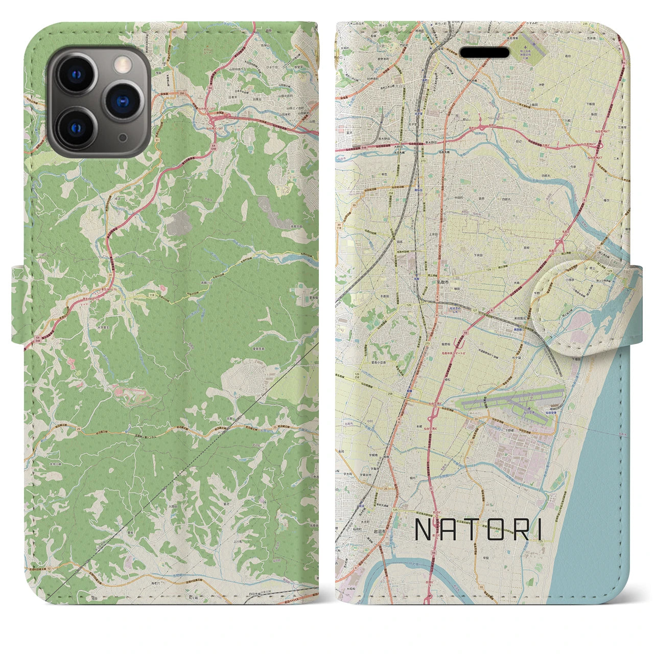 【名取(宮城県)】地図柄iPhoneケース(手帳タイプ)ナチュラル・iPhone 11 Pro Max 用