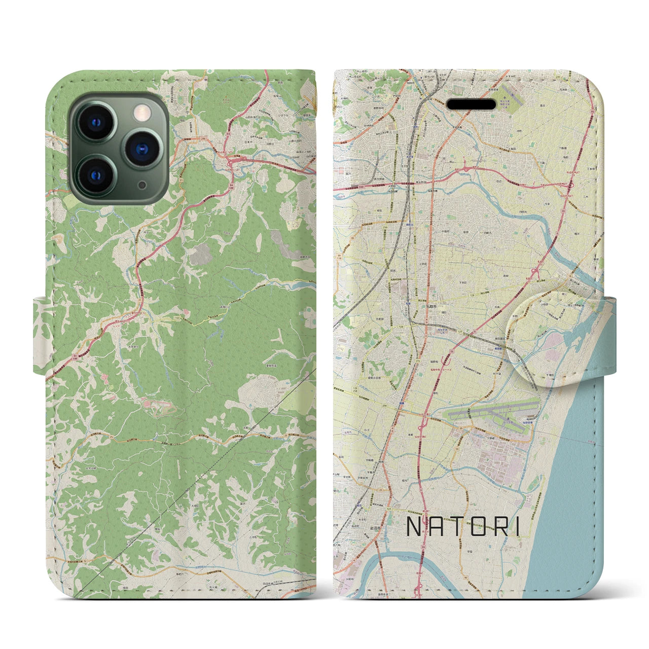 【名取(宮城県)】地図柄iPhoneケース(手帳タイプ)ナチュラル・iPhone 11 Pro 用