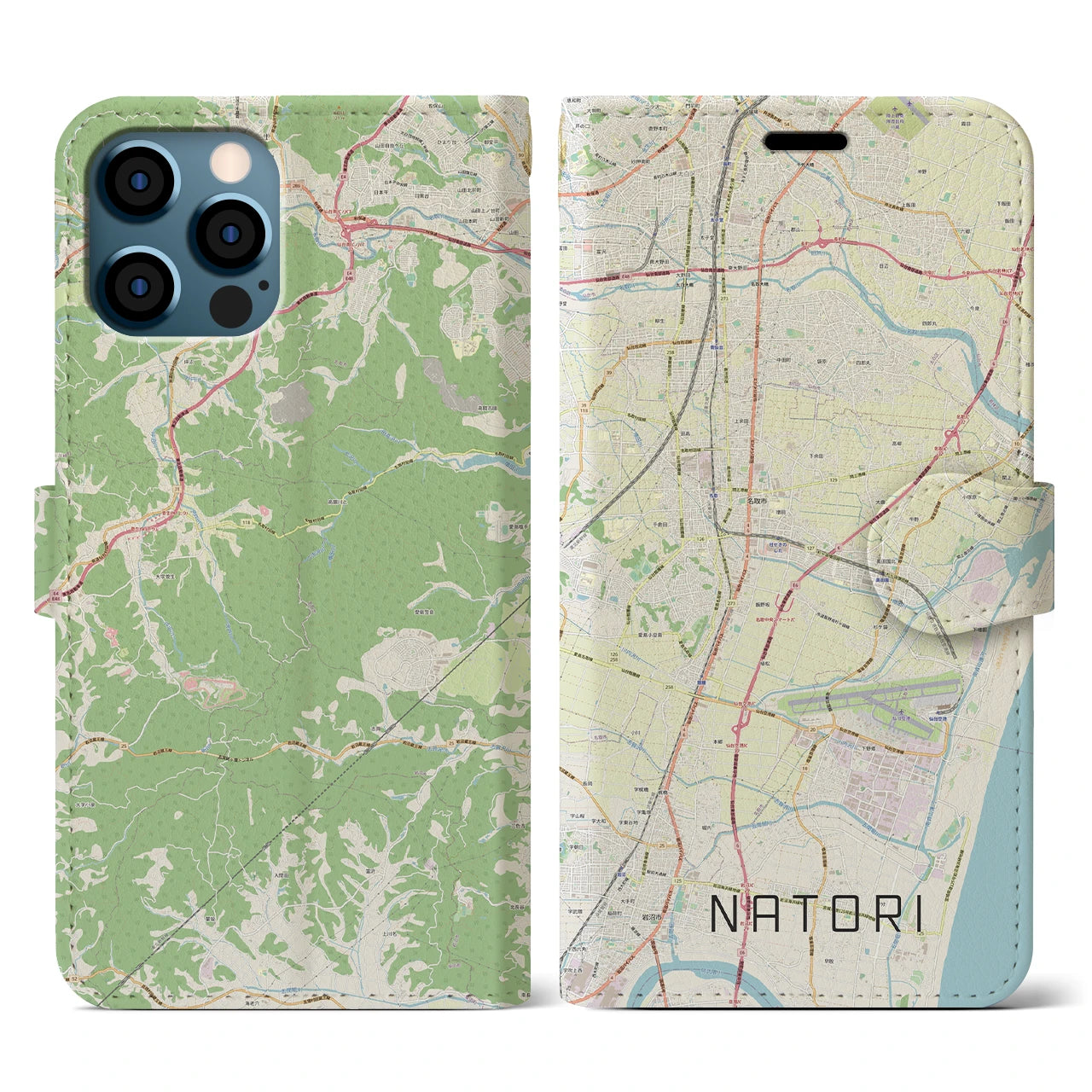 【名取(宮城県)】地図柄iPhoneケース(手帳タイプ)ナチュラル・iPhone 12 / 12 Pro 用