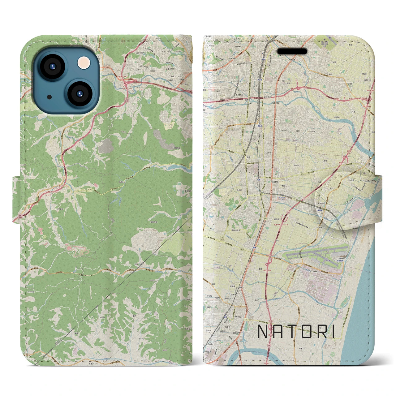 【名取(宮城県)】地図柄iPhoneケース(手帳タイプ)ナチュラル・iPhone 13 用