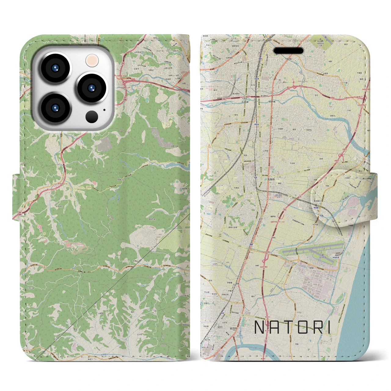 【名取(宮城県)】地図柄iPhoneケース(手帳タイプ)ナチュラル・iPhone 13 Pro 用