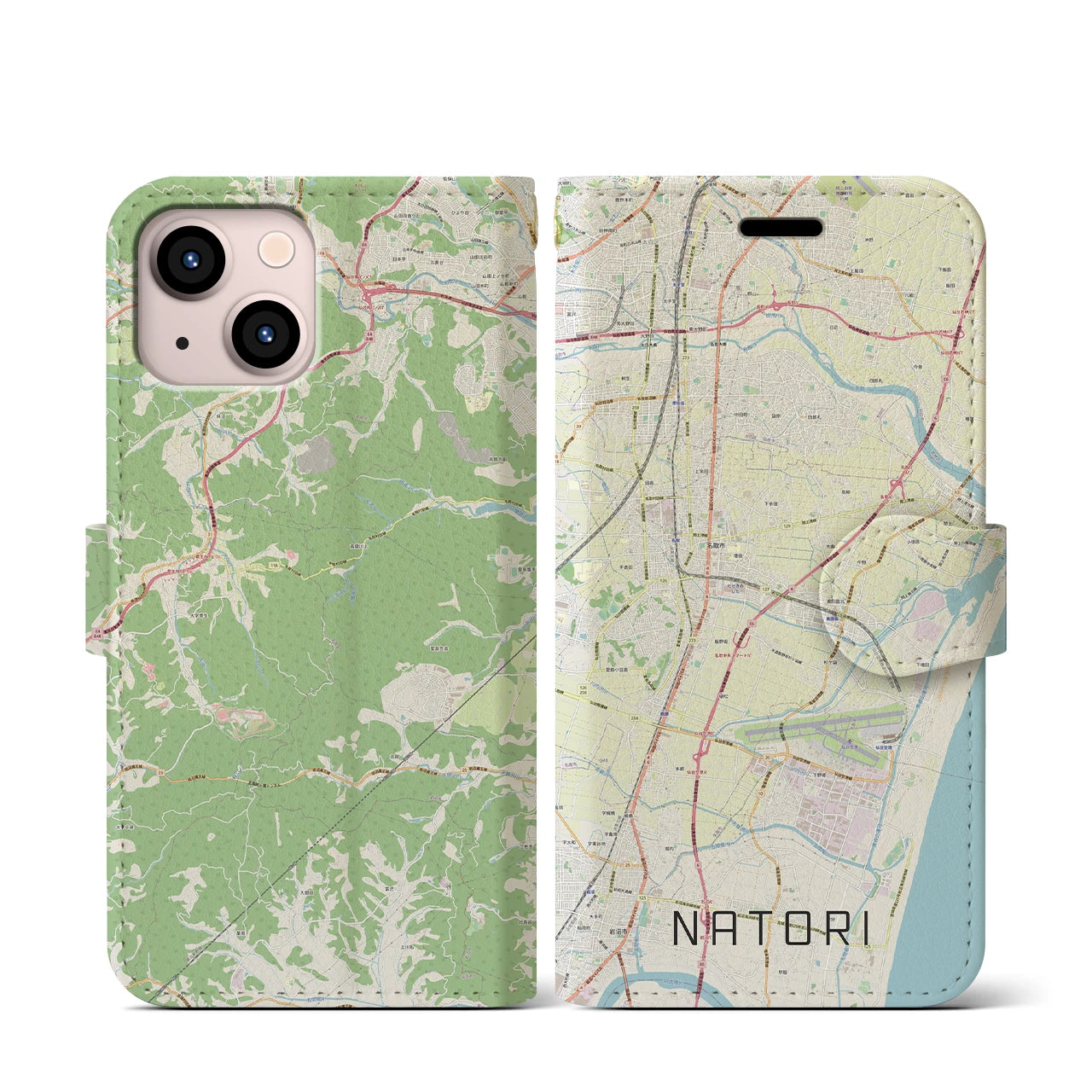 【名取(宮城県)】地図柄iPhoneケース(手帳タイプ)ナチュラル・iPhone 13 mini 用