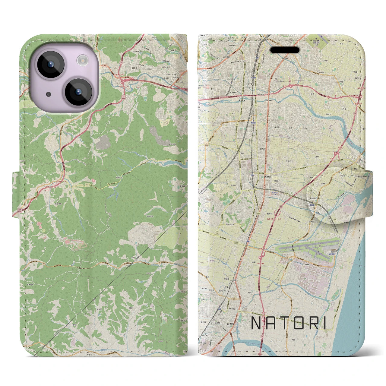 【名取(宮城県)】地図柄iPhoneケース(手帳タイプ)ナチュラル・iPhone 14 用