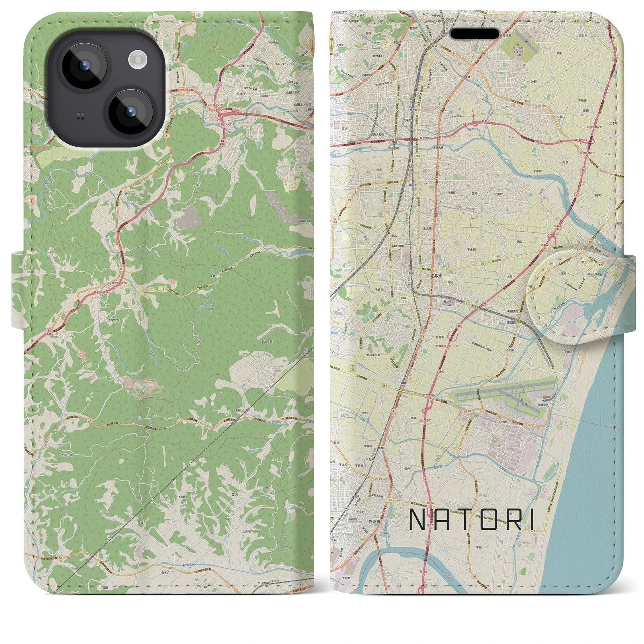 【名取(宮城県)】地図柄iPhoneケース(手帳タイプ)ナチュラル・iPhone 14 Plus 用