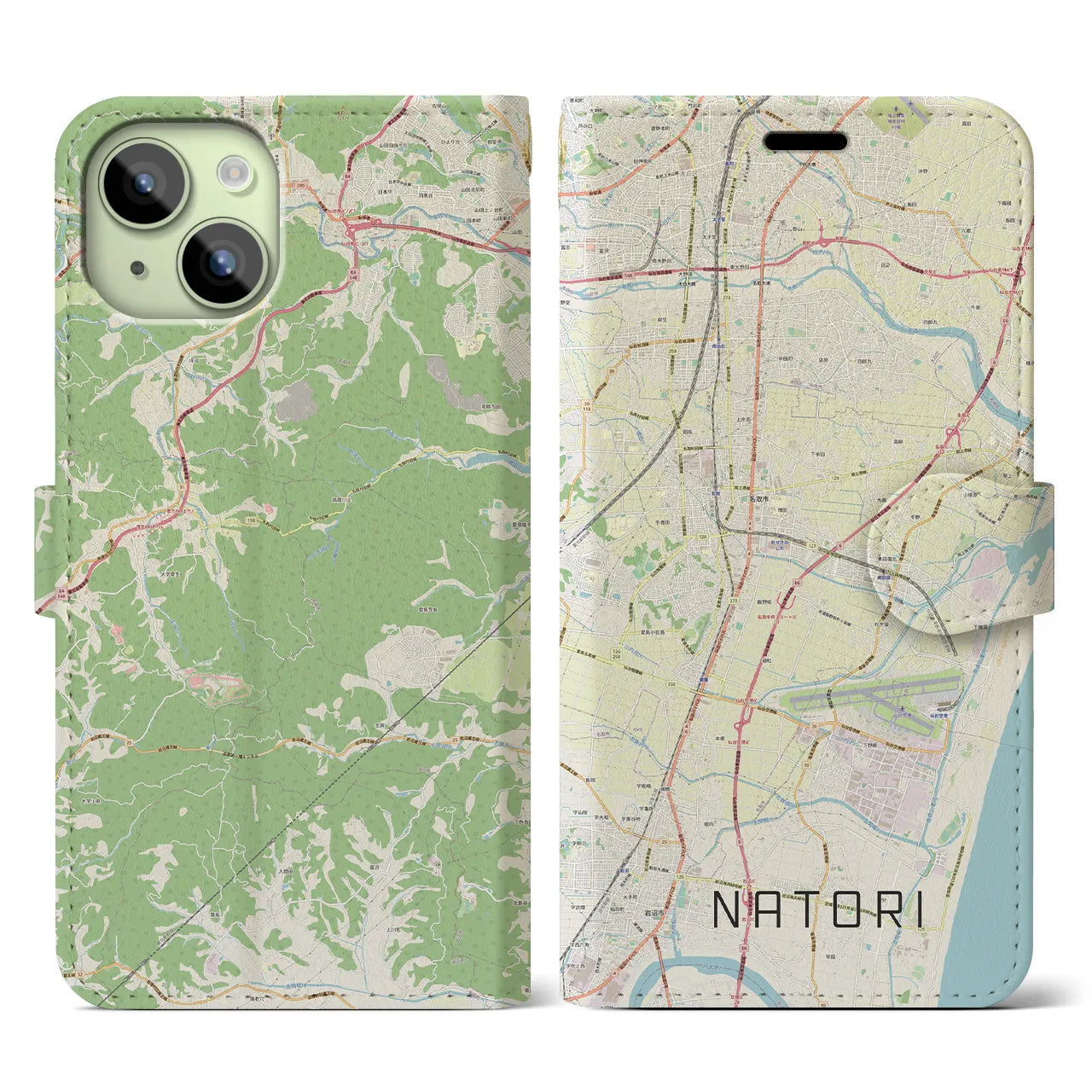 【名取(宮城県)】地図柄iPhoneケース(手帳タイプ)ナチュラル・iPhone 15 用