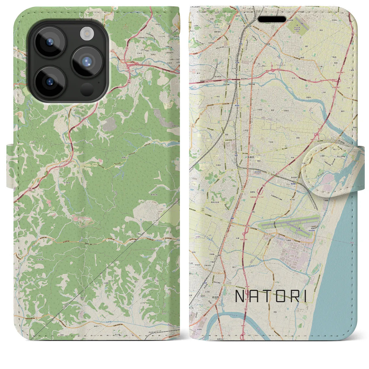 【名取(宮城県)】地図柄iPhoneケース(手帳タイプ)ナチュラル・iPhone 15 Pro Max 用