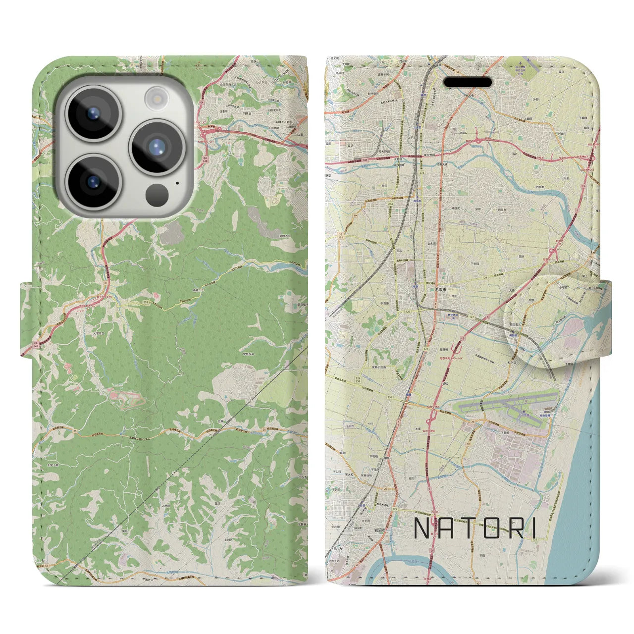 【名取(宮城県)】地図柄iPhoneケース(手帳タイプ)ナチュラル・iPhone 15 Pro 用