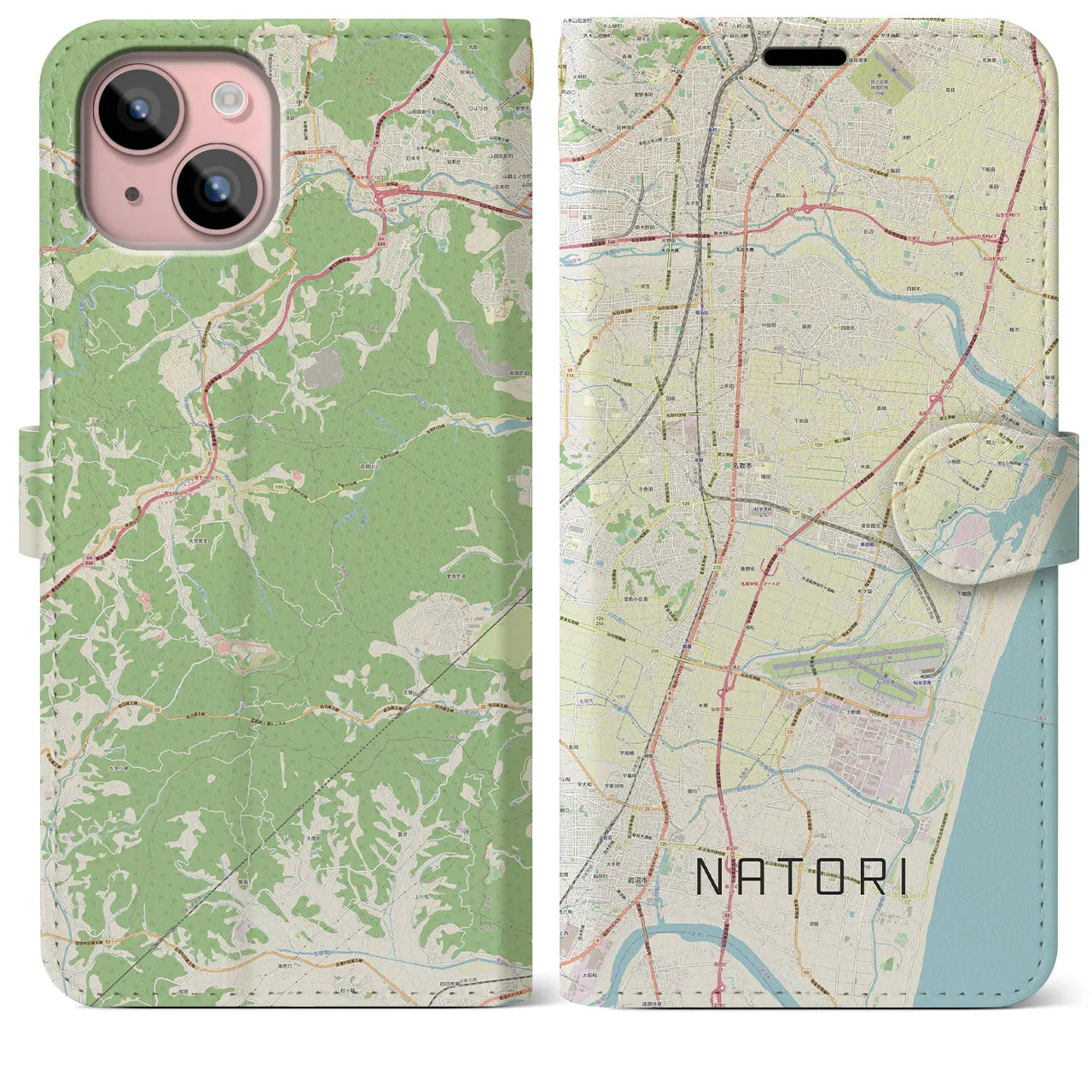 【名取(宮城県)】地図柄iPhoneケース(手帳タイプ)ナチュラル・iPhone 15 Plus 用