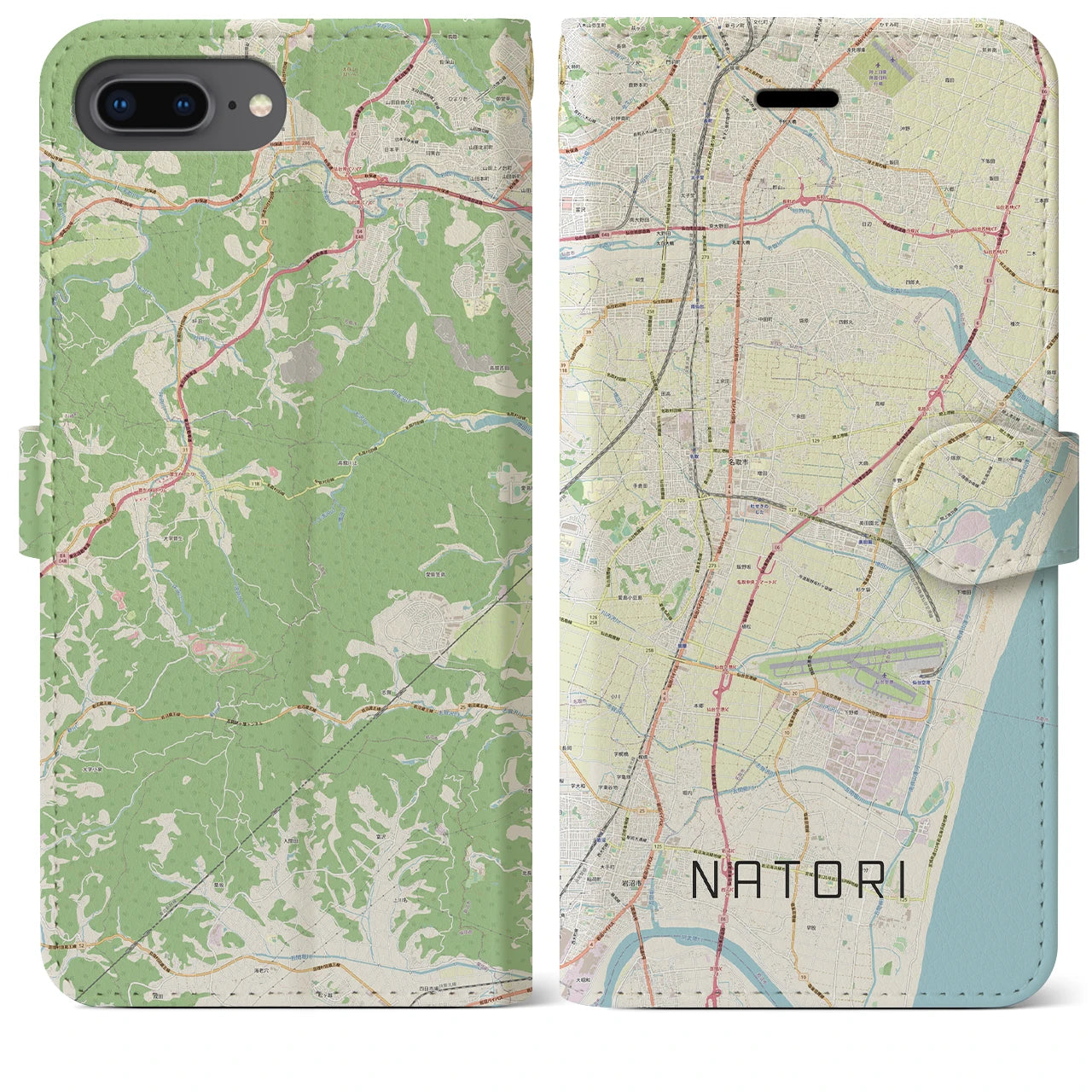【名取(宮城県)】地図柄iPhoneケース(手帳タイプ)ナチュラル・iPhone 8Plus /7Plus / 6sPlus / 6Plus 用