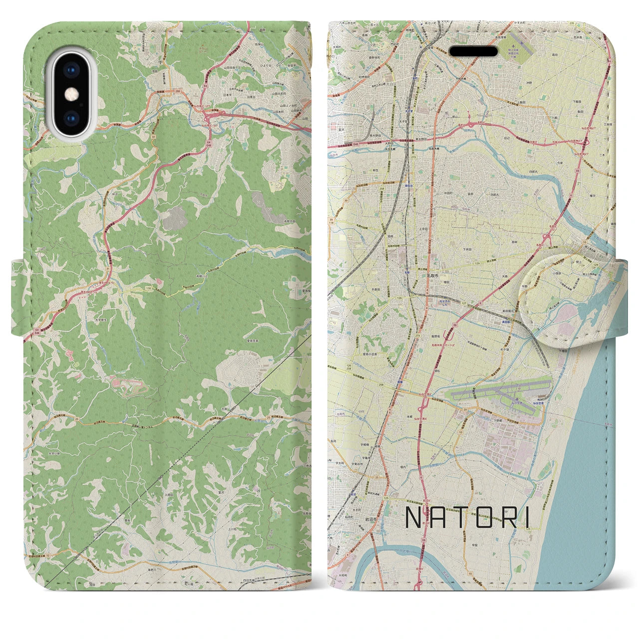 【名取(宮城県)】地図柄iPhoneケース(手帳タイプ)ナチュラル・iPhone XS Max 用