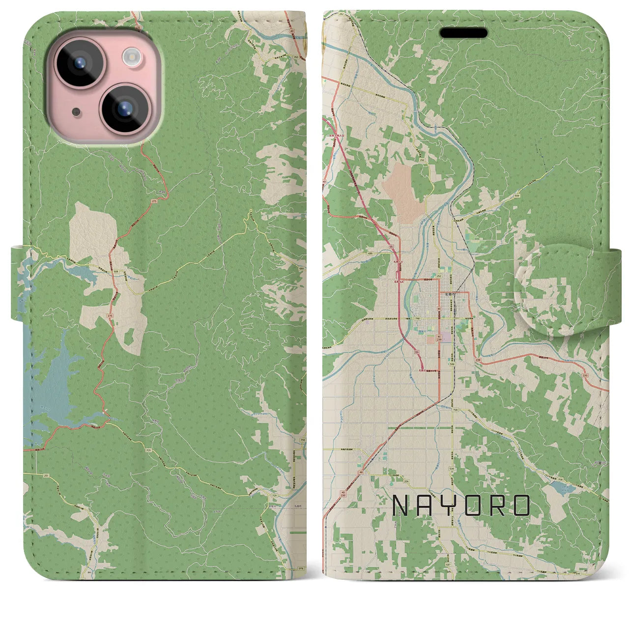 【名寄(北海道)】地図柄iPhoneケース(手帳タイプ)ナチュラル・iPhone 15 Plus 用