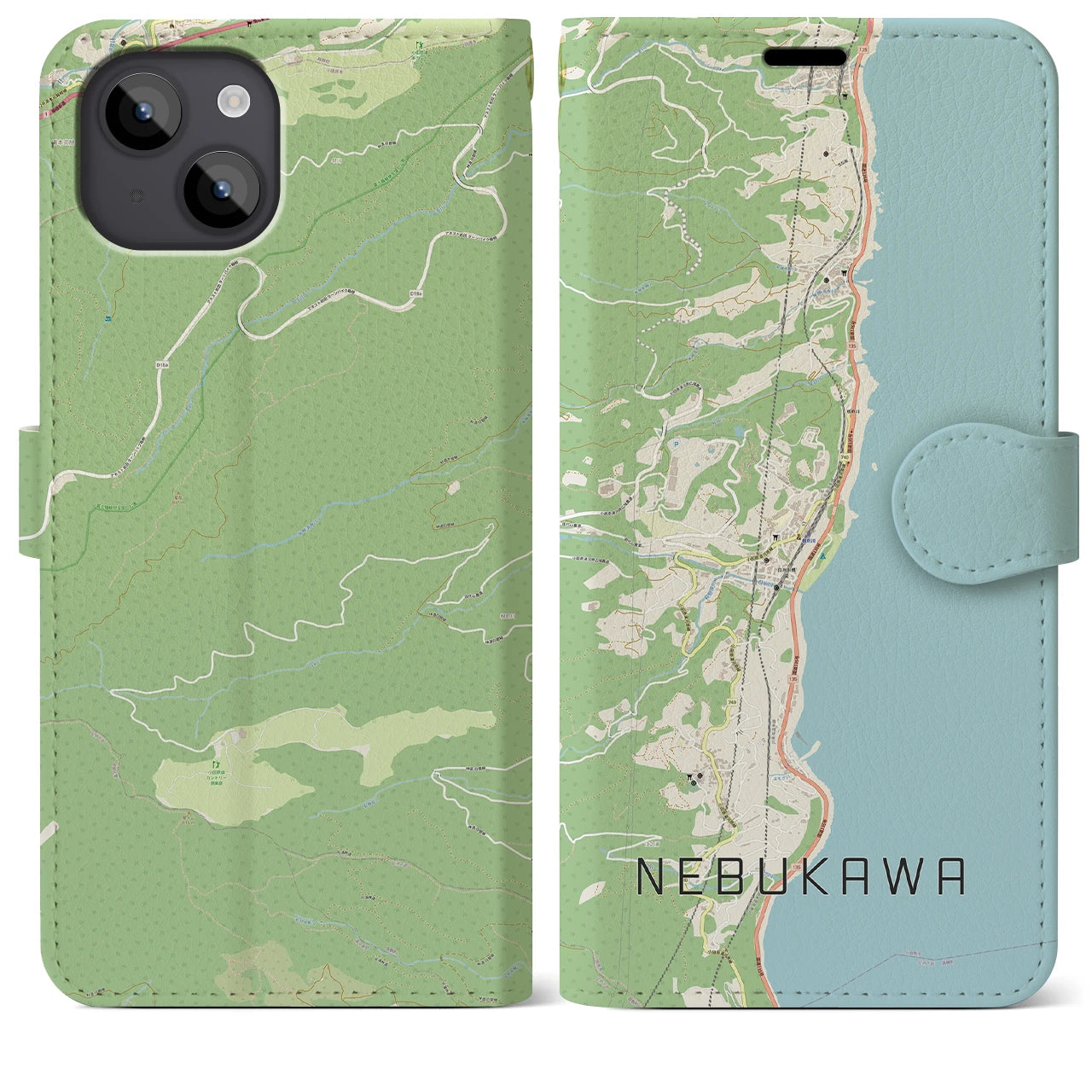 【根府川(神奈川県)】地図柄iPhoneケース(手帳タイプ)ナチュラル・iPhone 14 Plus 用