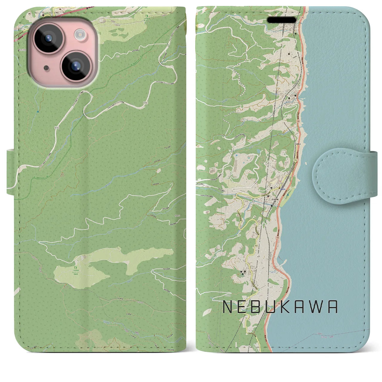 【根府川(神奈川県)】地図柄iPhoneケース(手帳タイプ)ナチュラル・iPhone 15 Plus 用
