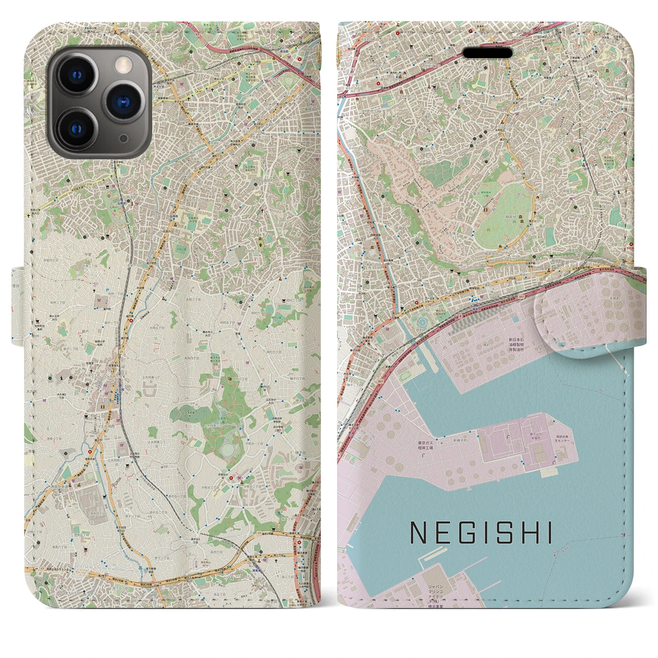 【根岸(神奈川県)】地図柄iPhoneケース(手帳タイプ)ナチュラル・iPhone 11 Pro Max 用