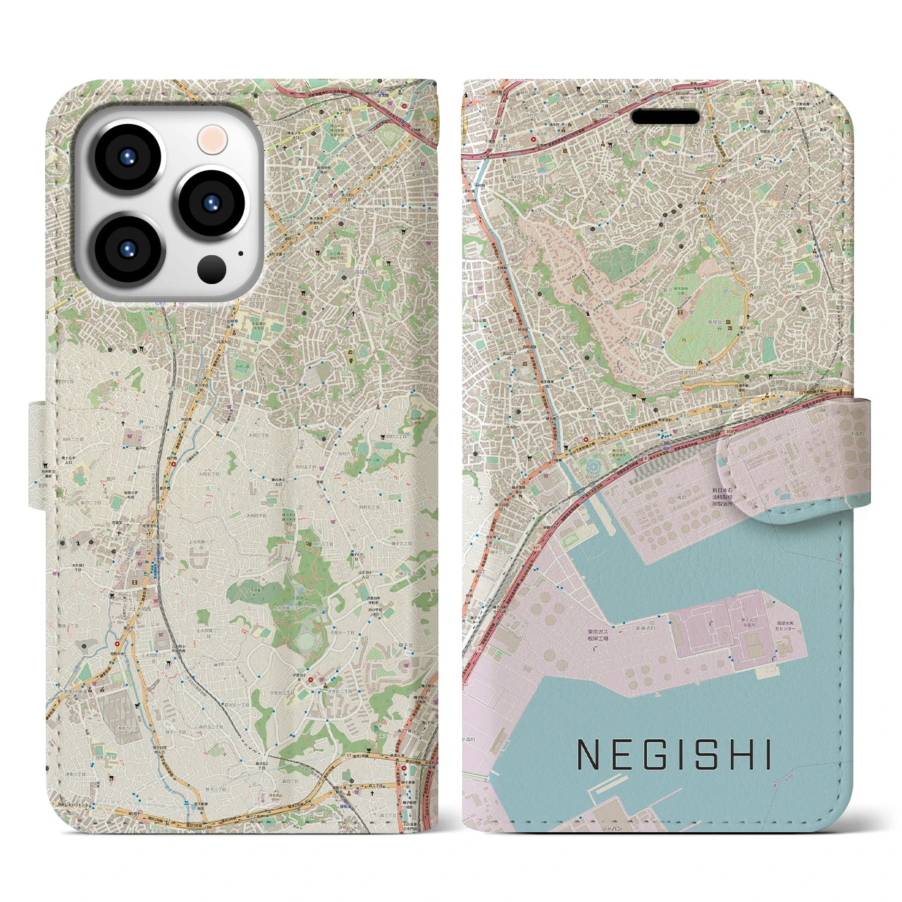 【根岸(神奈川県)】地図柄iPhoneケース(手帳タイプ)ナチュラル・iPhone 13 Pro 用