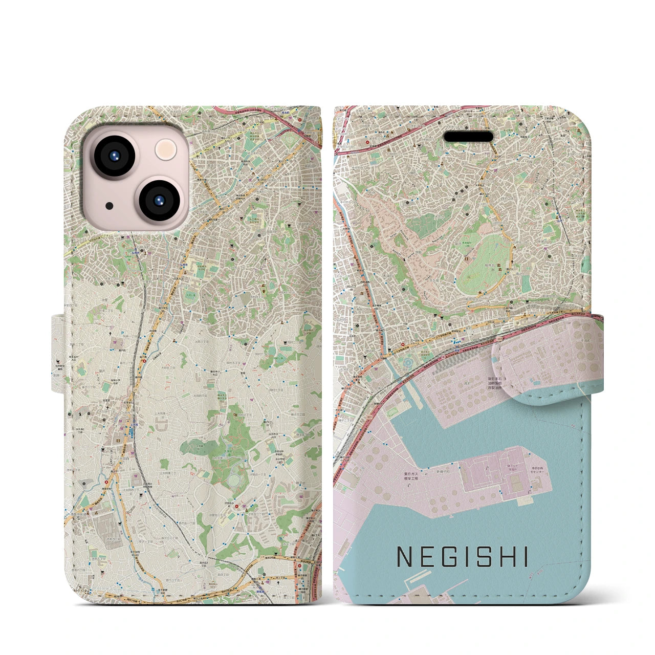 【根岸(神奈川県)】地図柄iPhoneケース(手帳タイプ)ナチュラル・iPhone 13 mini 用