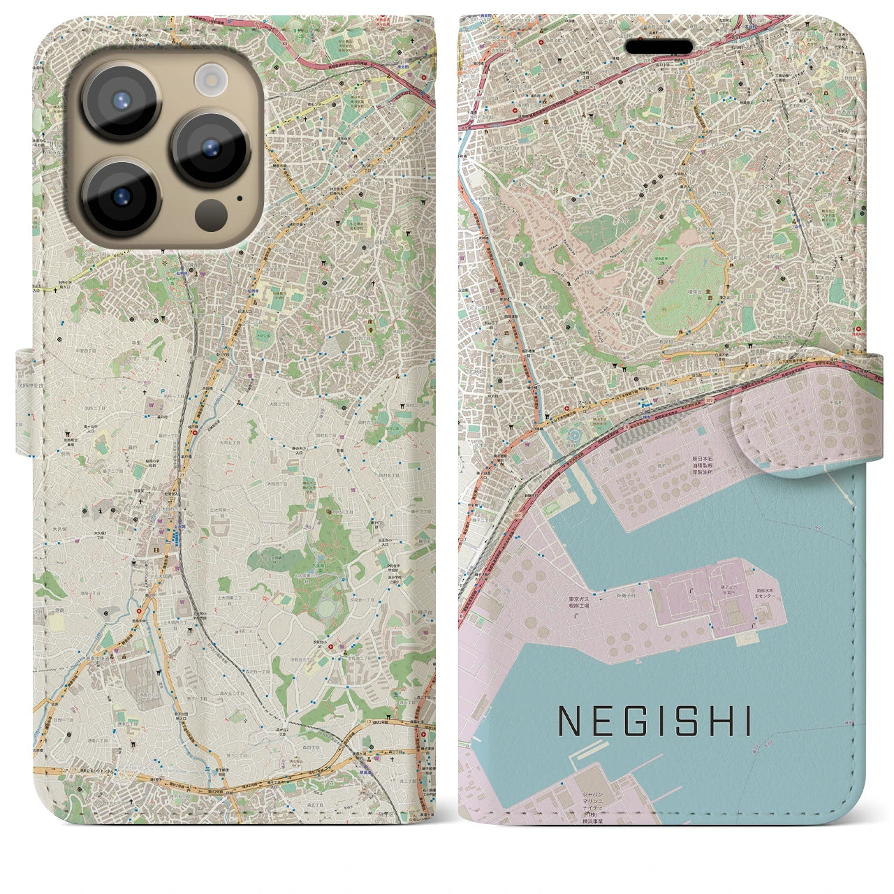 【根岸(神奈川県)】地図柄iPhoneケース(手帳タイプ)ナチュラル・iPhone 14 Pro Max 用