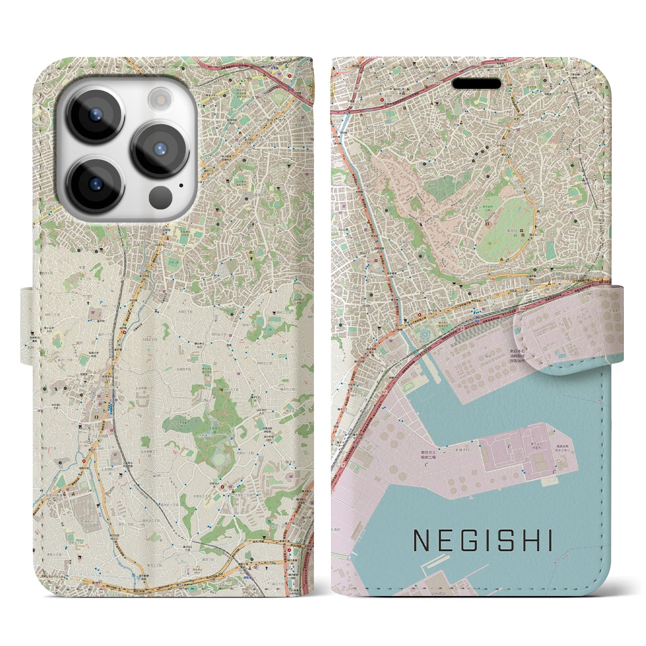 【根岸(神奈川県)】地図柄iPhoneケース(手帳タイプ)ナチュラル・iPhone 14 Pro 用