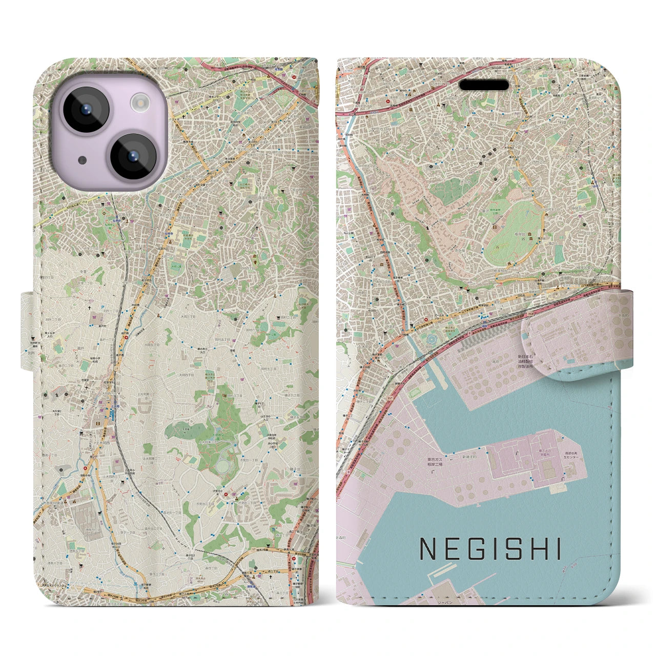 【根岸(神奈川県)】地図柄iPhoneケース(手帳タイプ)ナチュラル・iPhone 14 用