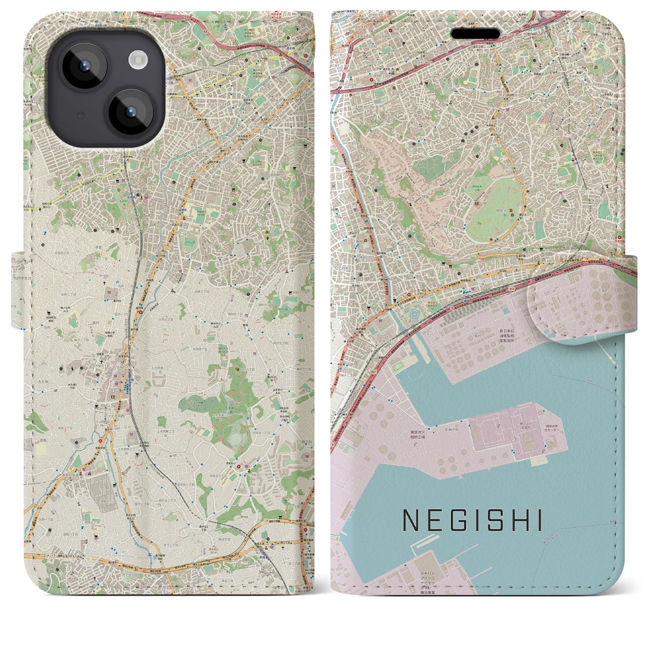 【根岸(神奈川県)】地図柄iPhoneケース(手帳タイプ)ナチュラル・iPhone 14 Plus 用