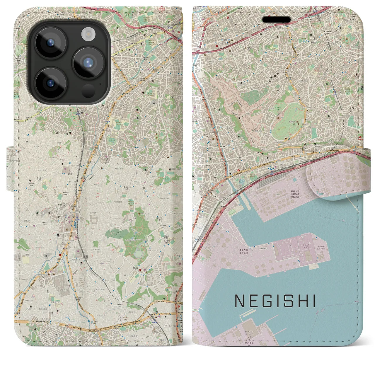 【根岸(神奈川県)】地図柄iPhoneケース(手帳タイプ)ナチュラル・iPhone 15 Pro Max 用