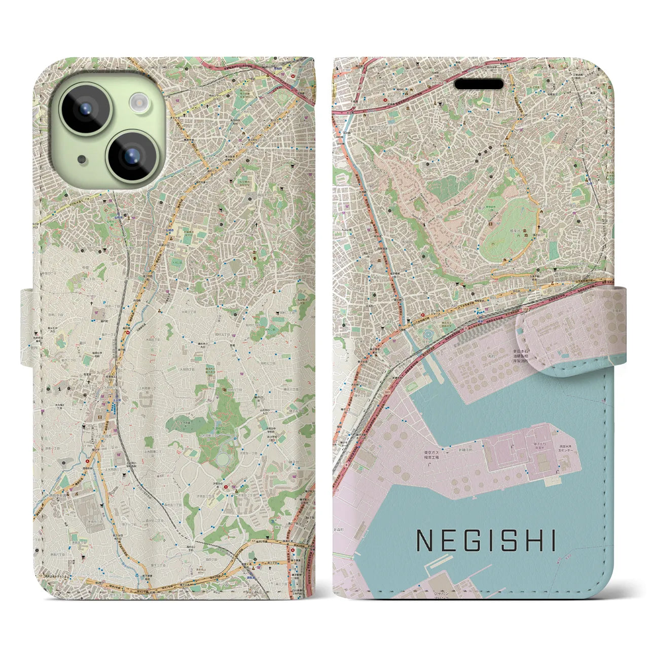 【根岸(神奈川県)】地図柄iPhoneケース(手帳タイプ)ナチュラル・iPhone 15 用
