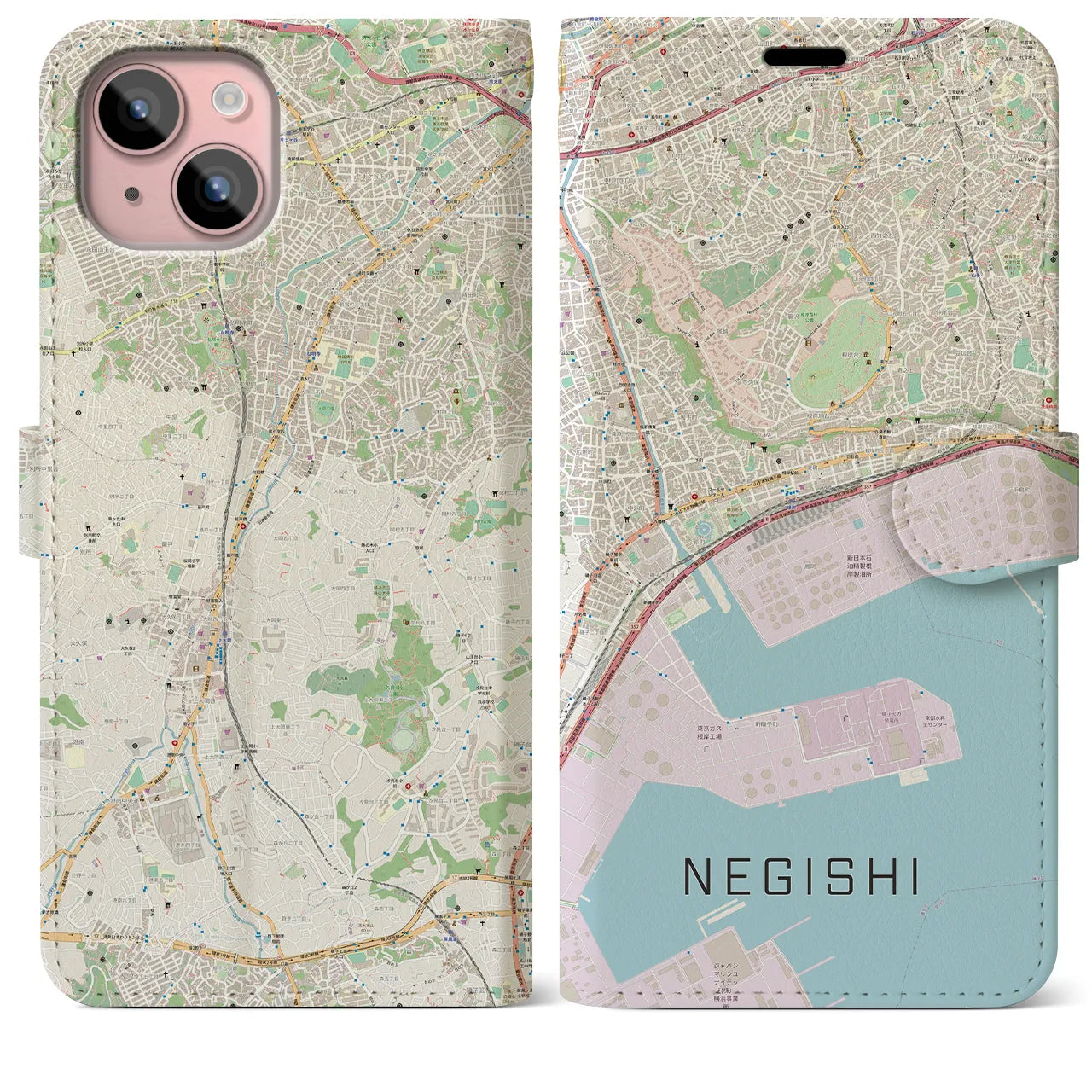 【根岸(神奈川県)】地図柄iPhoneケース(手帳タイプ)ナチュラル・iPhone 15 Plus 用