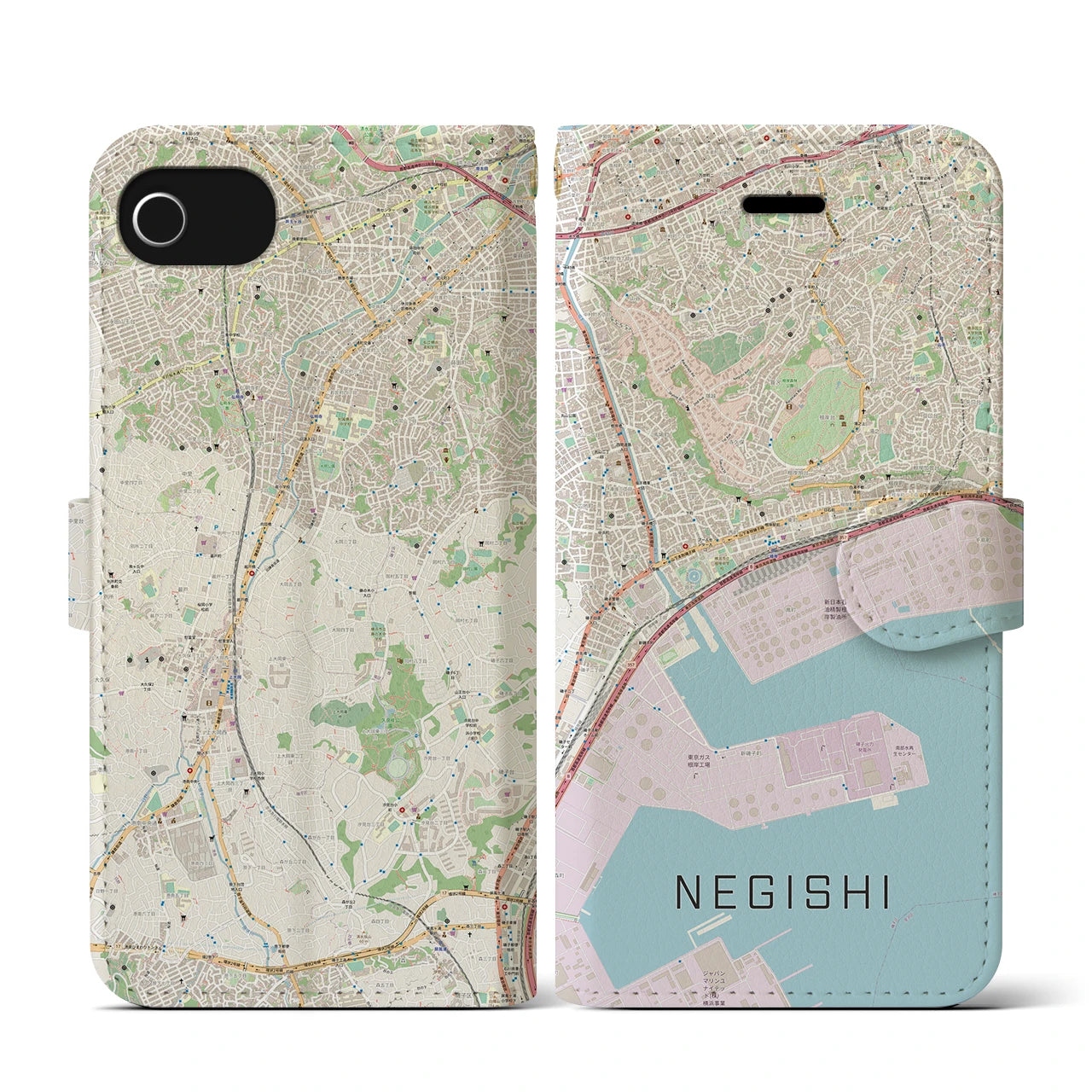 【根岸(神奈川県)】地図柄iPhoneケース(手帳タイプ)ナチュラル・iPhone SE(第3 / 第2世代) / 8 / 7 / 6s / 6 用