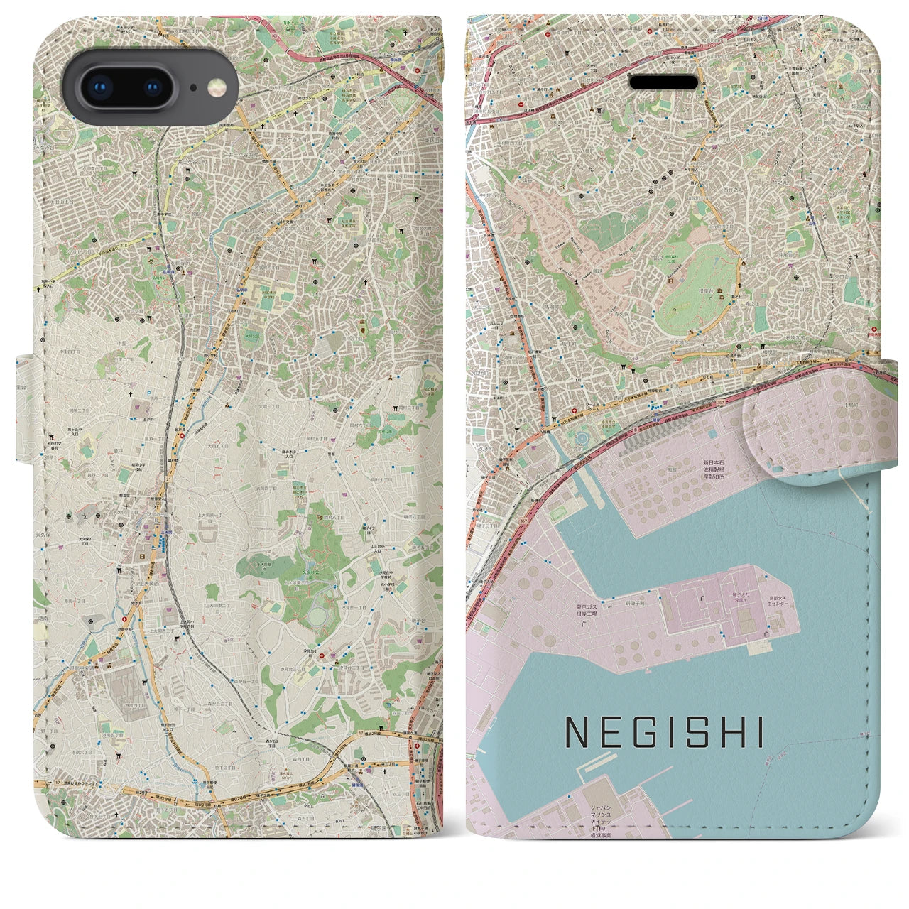 【根岸(神奈川県)】地図柄iPhoneケース(手帳タイプ)ナチュラル・iPhone 8Plus /7Plus / 6sPlus / 6Plus 用